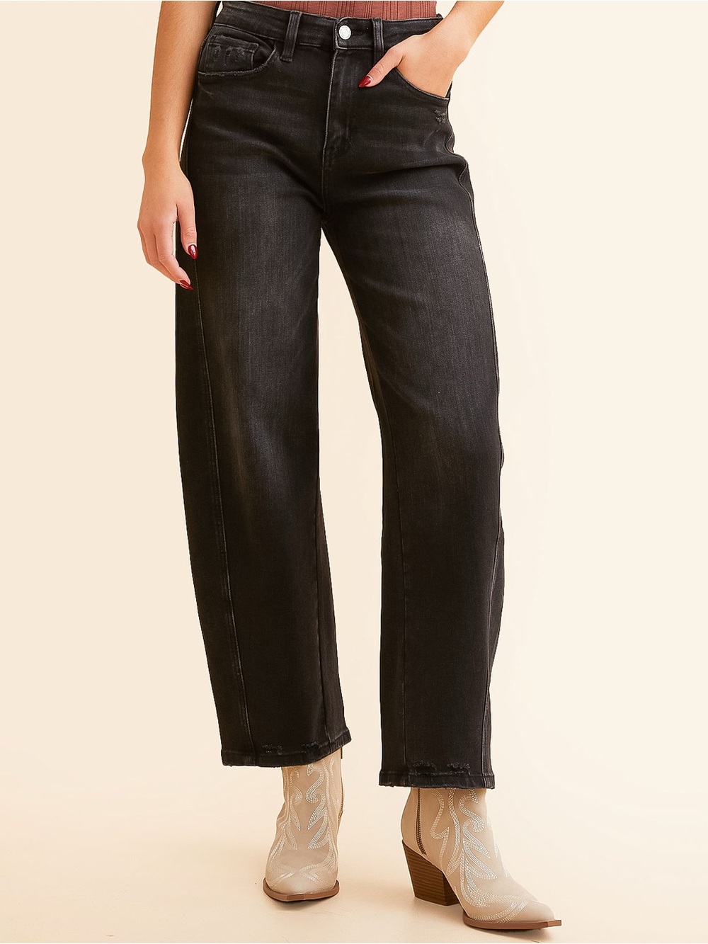 Vervet High Rise Distressed Barrel Jeans Boho Western Wide Leg Black Stretch - Picture 2 of 7